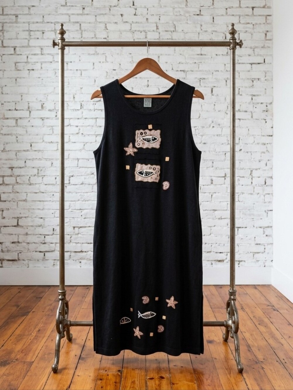Black Sleeveless Embroidered Midi Dress